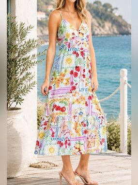 Boho NWT Resort Floral Patchwork Spaghetti Strap Midi Dress size S-M-L